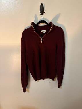 Williams Cashmere Mens Large 100% Cashmere Quarter Zip Sweater Burgundy with Lea